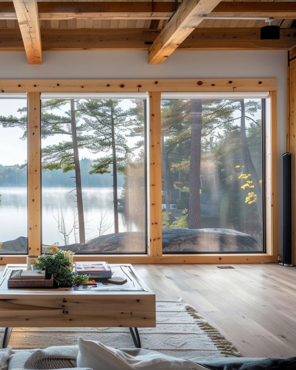 Muskoka cottage living room with floor to ceiling lake-facing glass, pine beams and a white sofa