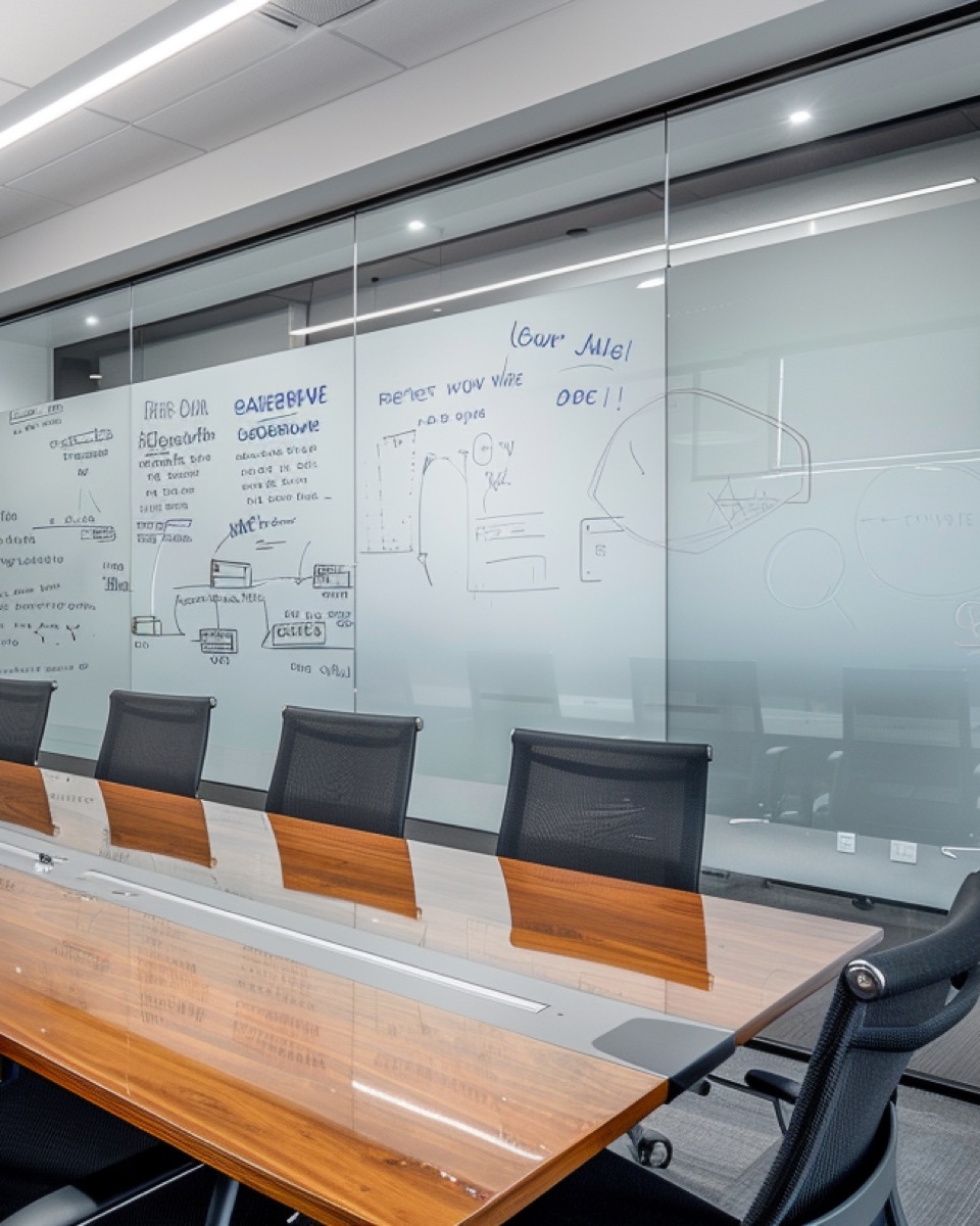 Boardroom with a glass partition wall, its lower band switched to frosted for privacy