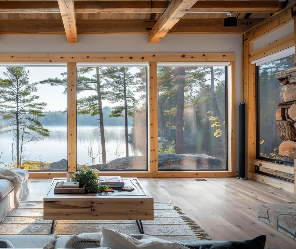 Rustic cottage living room with pine beams and plank floors, a floor-to-ceiling glass wall looking onto a calm lake framed by pines and fall colour