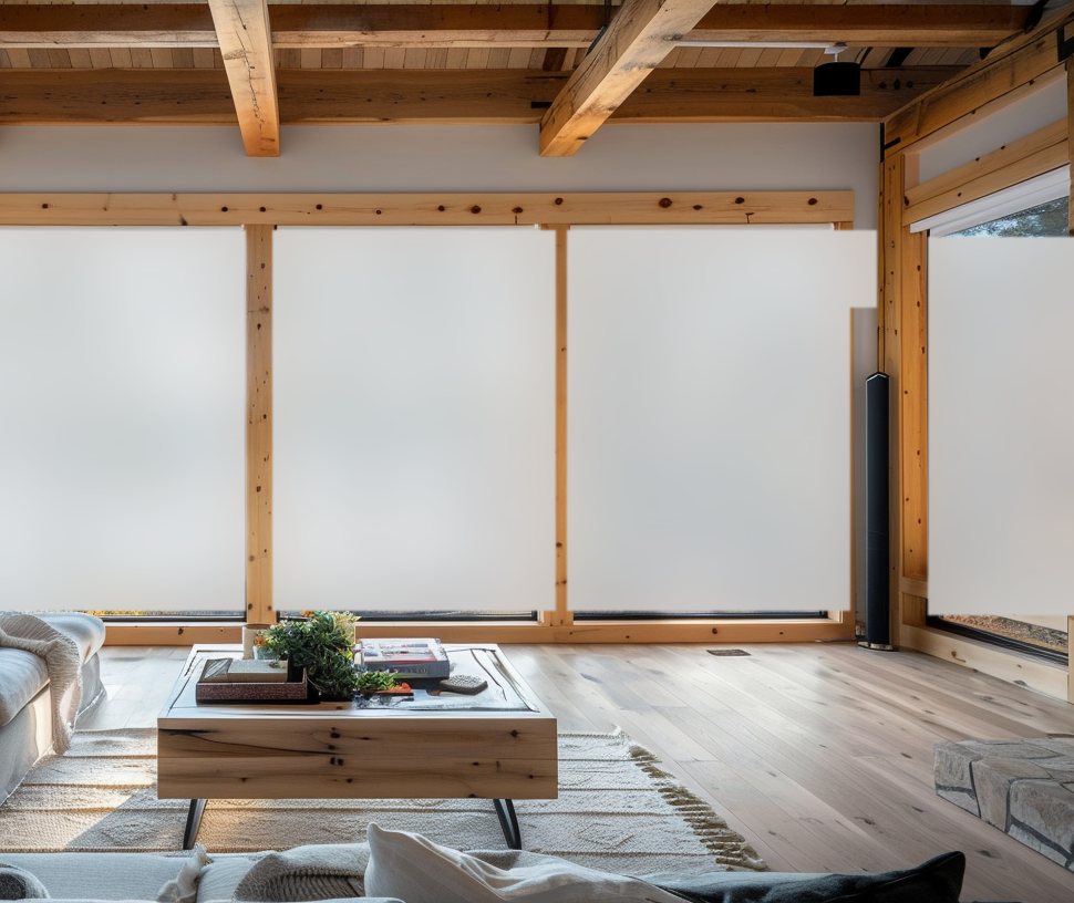 The same cottage living room with the glass switched to private, each pane turned soft milky white while the beams, mullions and furniture stay exactly as they were