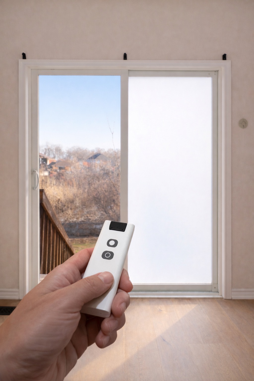 Hand holding the remote control in front of a sliding door, one pane clear and one pane frosted