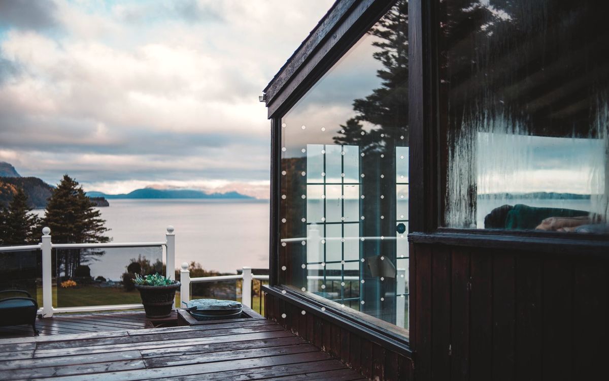 Waterfront cottage window with a grid of subtle bird safety markers visible on the glass against the lake view